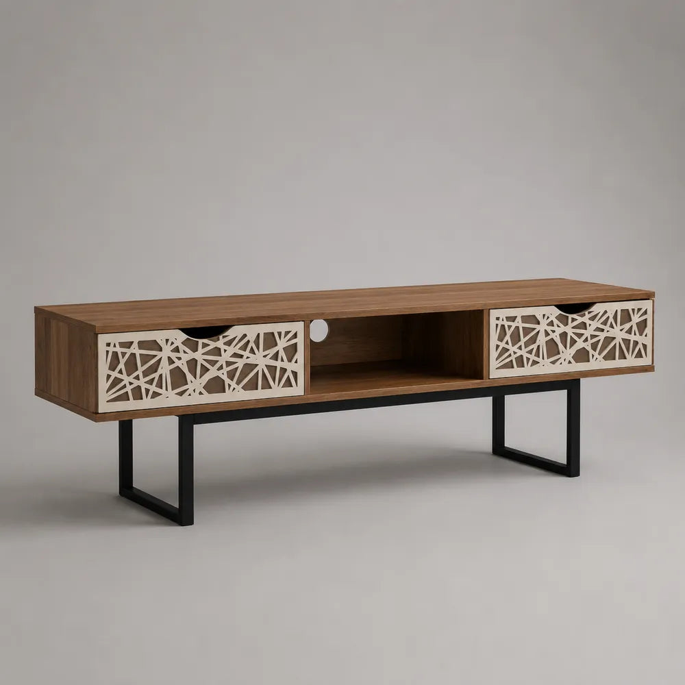 Mobile TV rettangolare in pannello effetto noce con frontali traforati MDF bianco e struttura in acciaio nero 160 cm 40 cm 50 cm