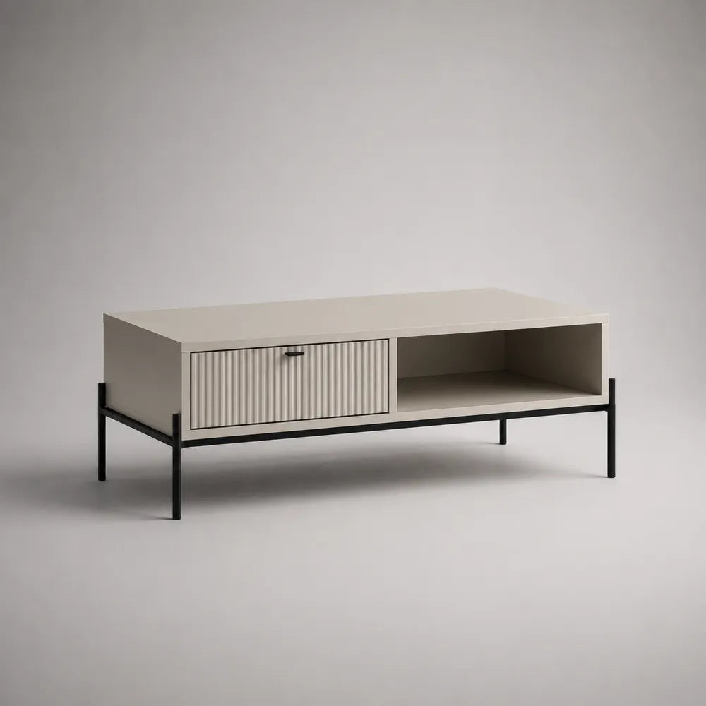 Tavolino da caffè rettangolare con cassetto scanalato e vano aperto in MDF beige e acciaio verniciato nero 110 x 55 x 45 cm