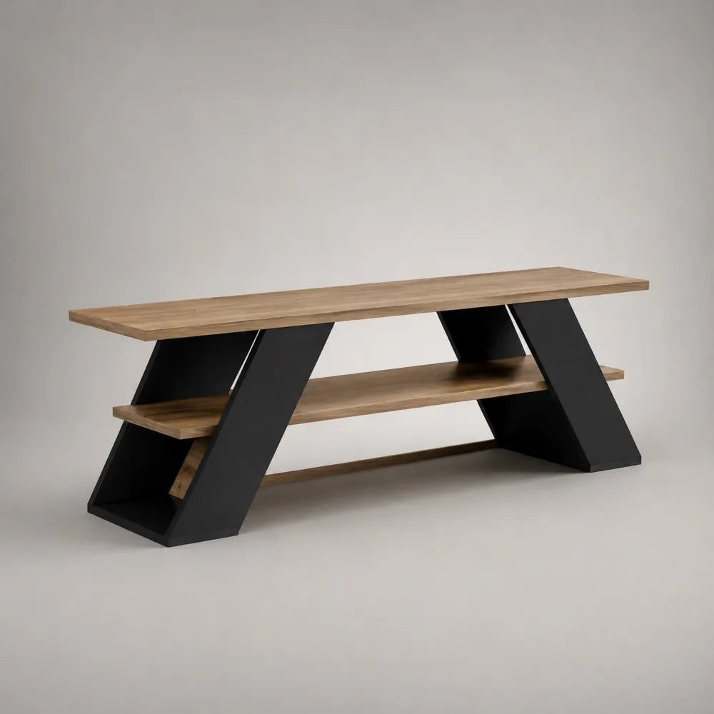 Mobile TV rettangolare aperto in pannello truciolare melaminico rovere naturale e nero opaco con ripiano centrale 160 x 40 x 55 cm