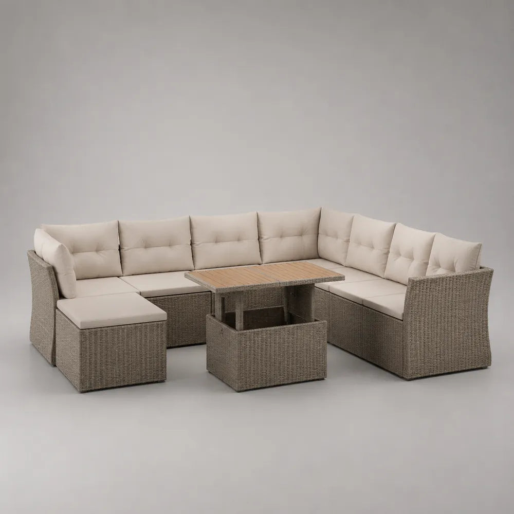 Set divano da giardino modulare in rattan PE beige con struttura in alluminio e tavolino contenitore in legno 220 x 160 x 70 cm