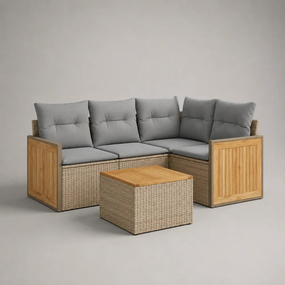 Set divano da giardino angolare in rattan PE beige con struttura in alluminio e tavolino contenitore in legno 220 x 160 x 70 cm