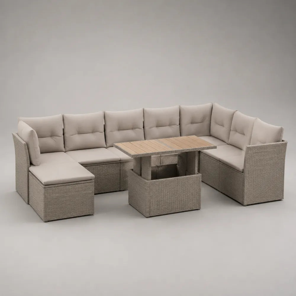 Divano da giardino angolare modulare in rattan sintetico PE beige con cuscini chiari tavolino cubico con piano in listelli effetto legno 230 cm x 180 cm x 65 cm
