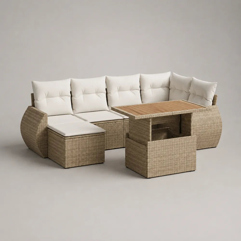 Set divano da giardino modulare in rattan PE beige con struttura in alluminio e tavolino contenitore in legno 240 x 180 x 75 cm