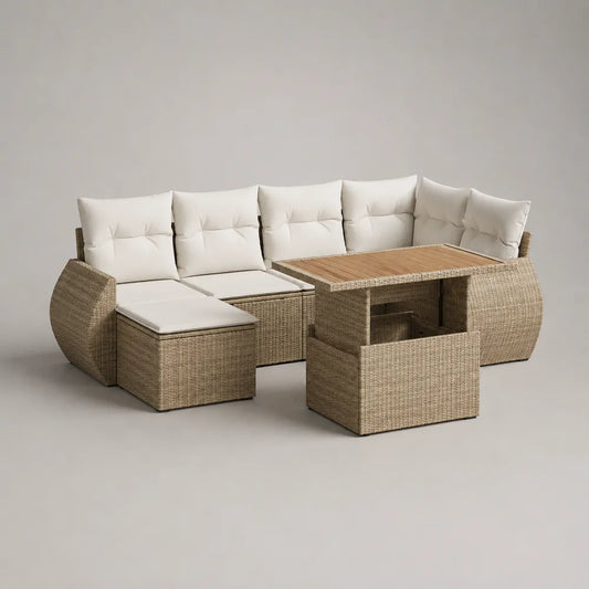 Set divano da giardino modulare in rattan PE beige con struttura in alluminio e tavolino contenitore in legno 240 x 180 x 75 cm