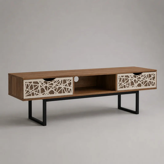 Mobile TV rettangolare in pannello effetto noce con frontali traforati MDF bianco e struttura in acciaio nero 160 cm 40 cm 50 cm