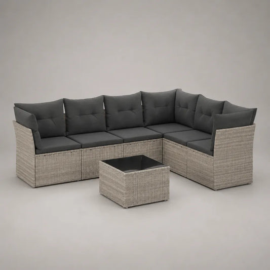 Set divano da giardino angolare in rattan sintetico PE beige chiaro con cuscini grigio scuro e tavolino con piano in vetro temperato 230 cm x 180 cm x 65 cm