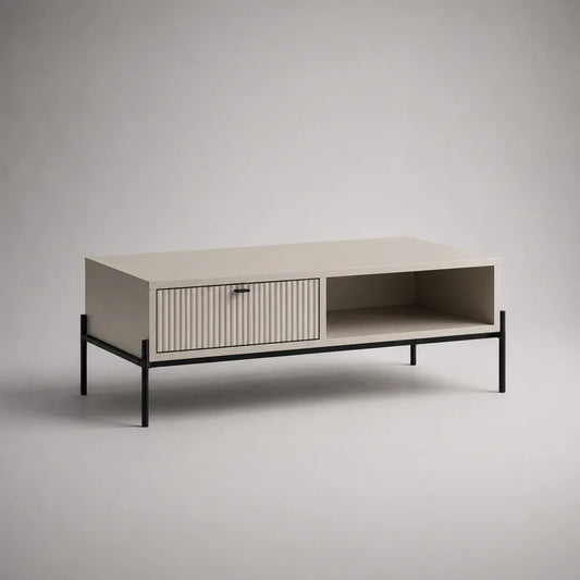 Tavolino da caffè rettangolare con cassetto scanalato e vano aperto in MDF beige e acciaio verniciato nero 110 x 55 x 45 cm