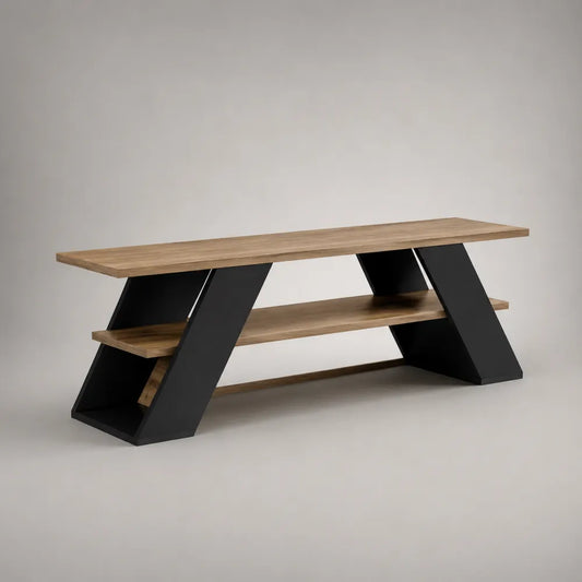 Mobile TV rettangolare aperto in pannello truciolare melaminico rovere naturale e nero opaco con ripiano centrale 160 x 40 x 55 cm