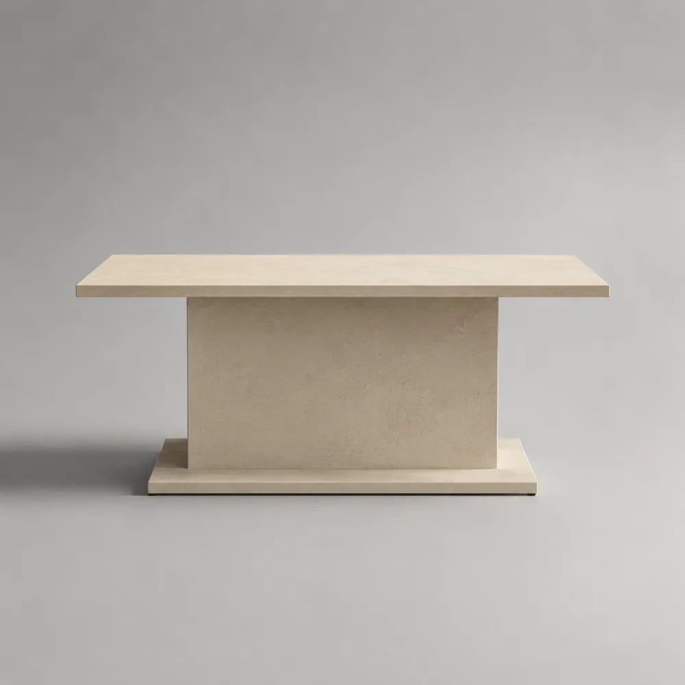 Tavolino da caffè rettangolare in MDF beige opaco con base a blocco centrale 130 x 70 x 40 cm struttura monolitica