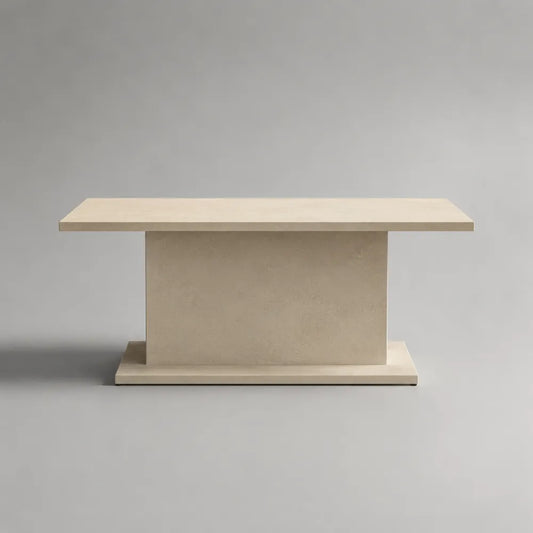 Tavolino da caffè rettangolare in MDF beige opaco con base a blocco centrale 130 x 70 x 40 cm struttura monolitica