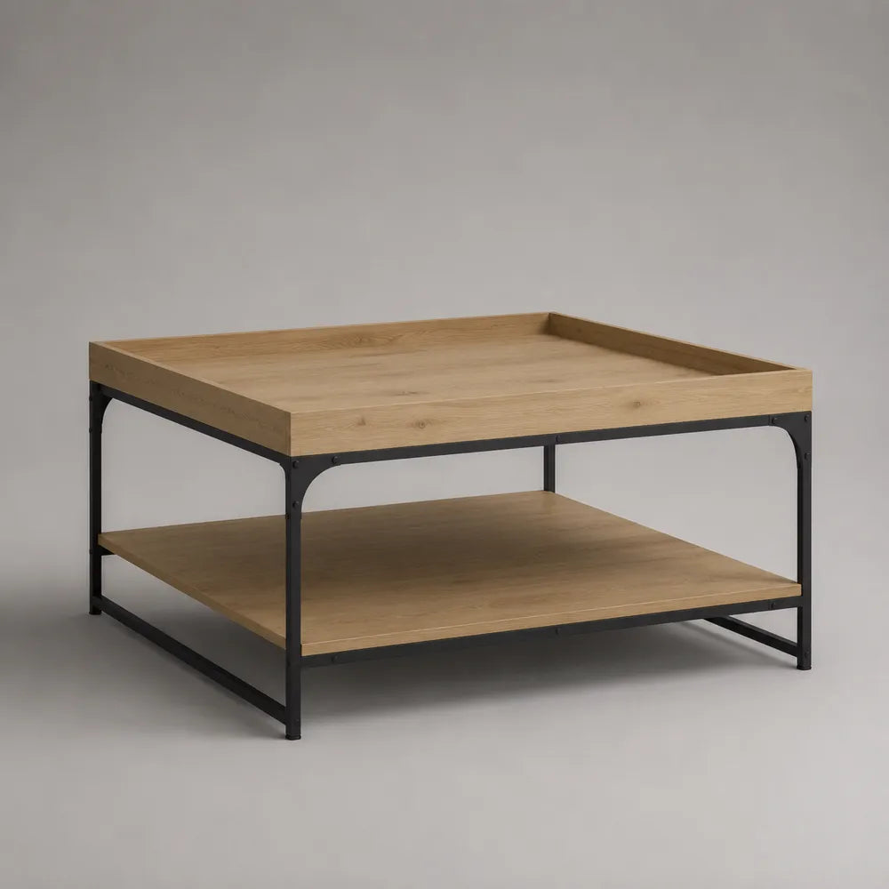 Tavolino da caffè quadrato in legno ingegnerizzato effetto rovere con struttura in acciaio nero e doppio ripiano 80 cm 80 cm 45 cm