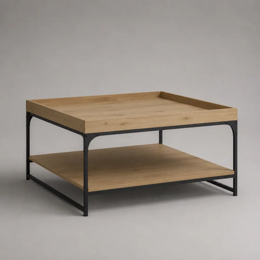 Tavolino da caffè quadrato in legno ingegnerizzato effetto rovere con struttura in acciaio nero e doppio ripiano 80 cm 80 cm 45 cm
