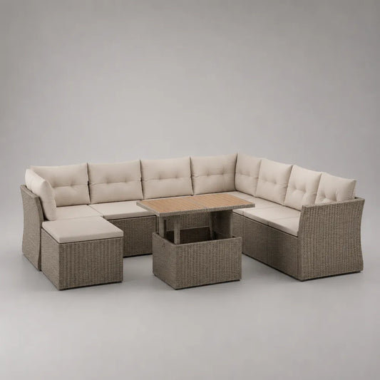 Set divano da giardino modulare in rattan PE beige con struttura in alluminio e tavolino contenitore in legno 220 x 160 x 70 cm