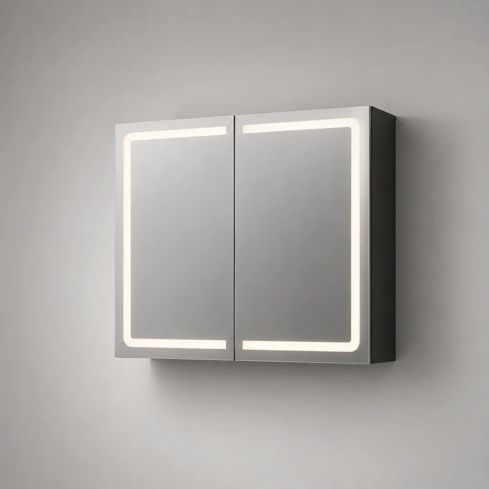 Armadietto da bagno con specchio LED a doppia anta in MDF grigio con vetro specchiato e forma rettangolare 80 x 60 x 12 cm