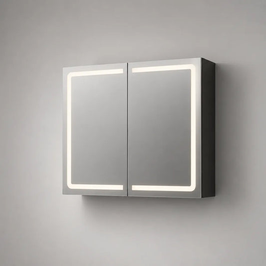 Armadietto da bagno con specchio LED a doppia anta in MDF grigio con vetro specchiato e forma rettangolare 80 x 60 x 12 cm