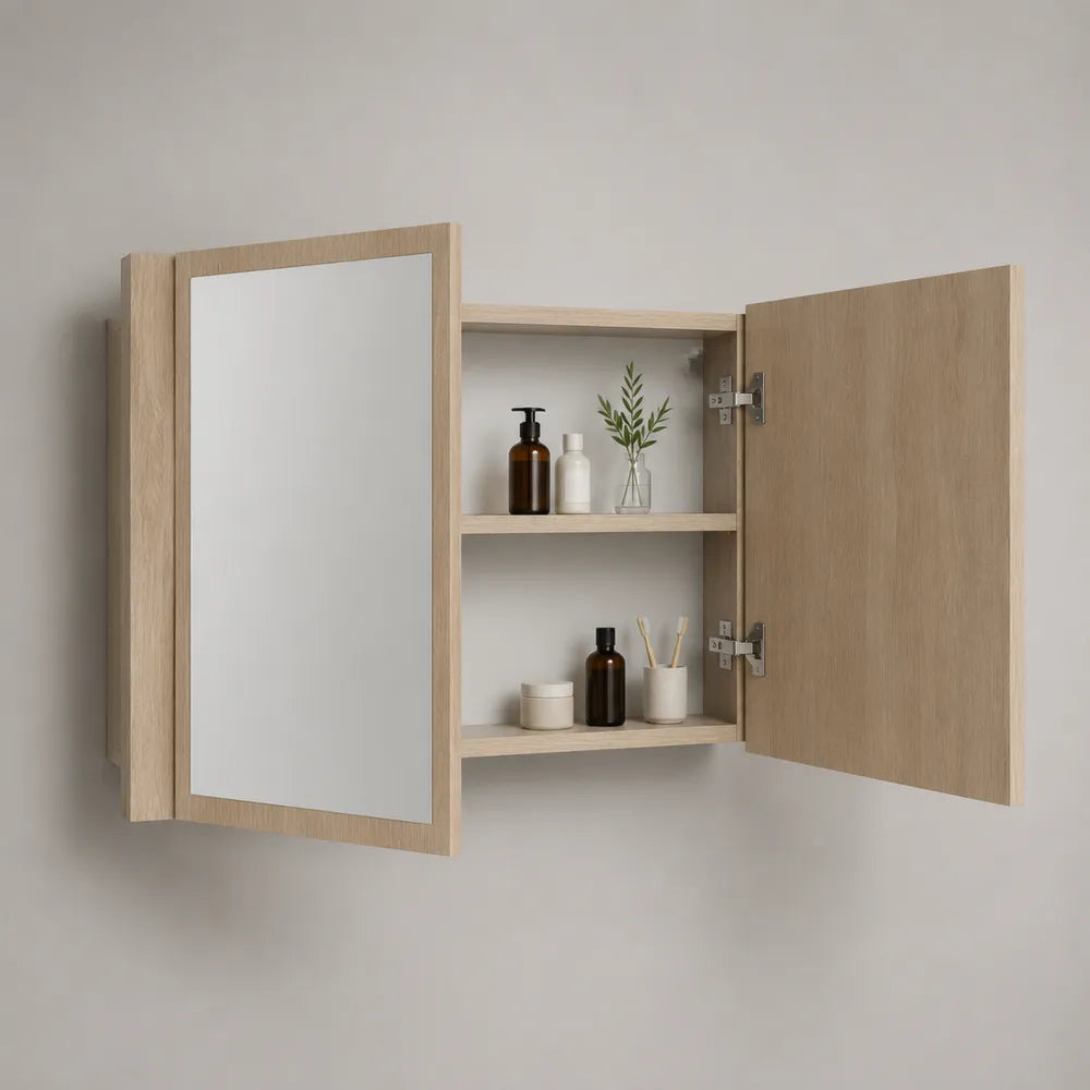 Armadietto da bagno con specchio in MDF effetto rovere chiaro con doppia anta e ripiani interni 60 cm 15 cm 60 cm sospeso