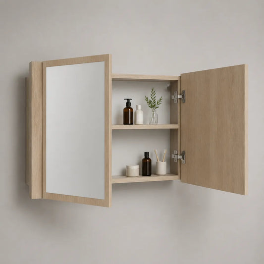 Armadietto da bagno con specchio in MDF effetto rovere chiaro con doppia anta e ripiani interni 60 cm 15 cm 60 cm sospeso