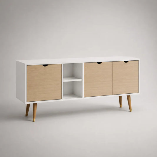 Mobile TV rettangolare basso con 3 ante e vano centrale aperto in MDF bianco e rovere naturale con gambe in legno 160 x 40 x 55 cm
