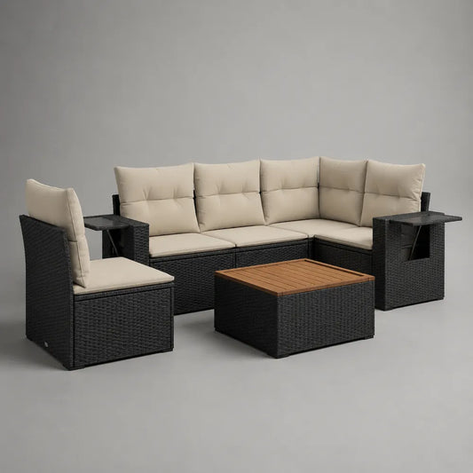 Set divano da giardino angolare in rattan sintetico PE nero con struttura in alluminio verniciato nero cuscini beige e tavolino in legno di acacia 260 cm x 200 cm x 75 cm