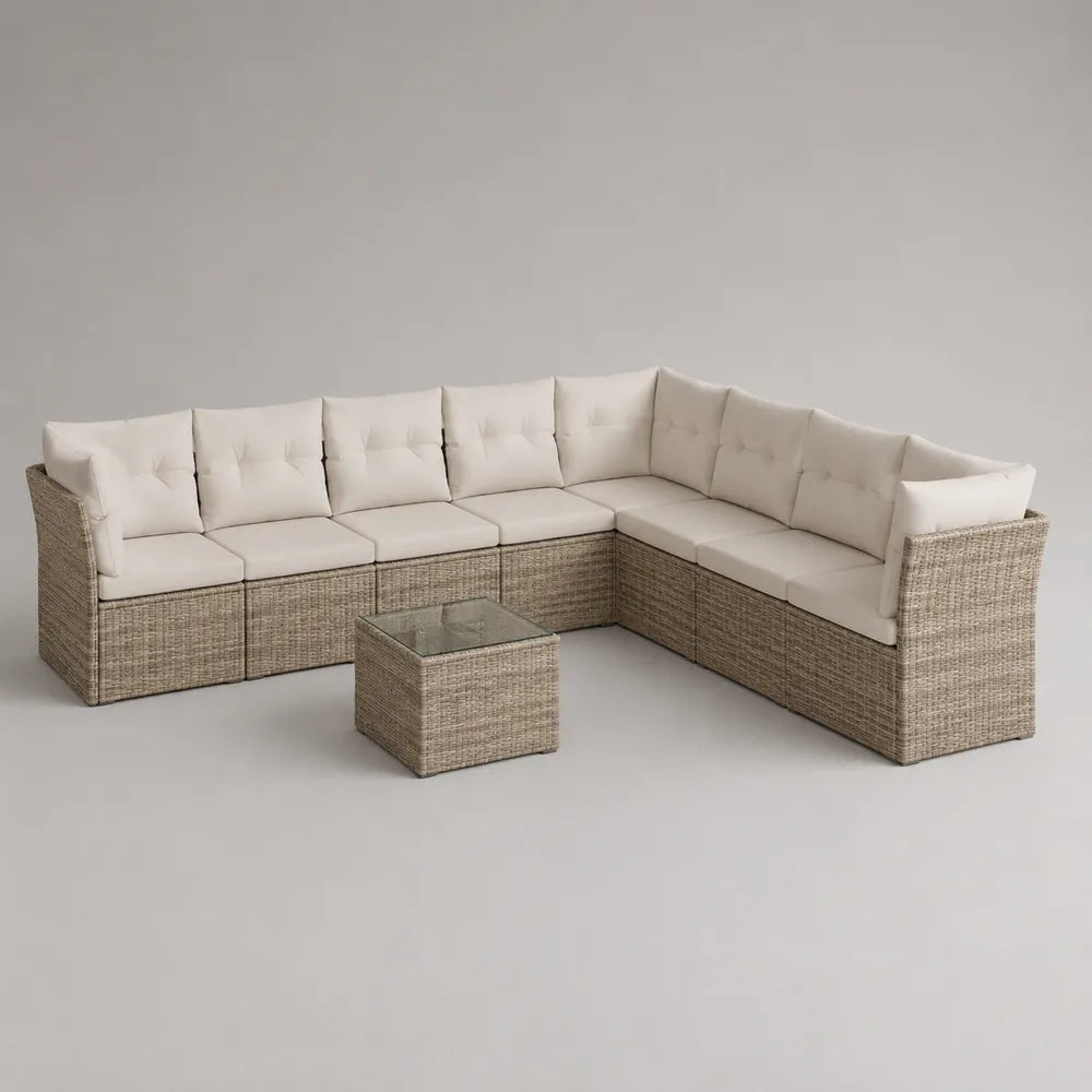 Divano da giardino angolare modulare in rattan sintetico PE beige chiaro con cuscini imbottiti e tavolino quadrato con piano in vetro 240 cm x 180 cm x 65 cm
