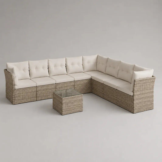 Divano da giardino angolare modulare in rattan sintetico PE beige chiaro con cuscini imbottiti e tavolino quadrato con piano in vetro 240 cm x 180 cm x 65 cm