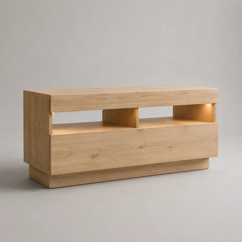 Mobile TV rettangolare con vano centrale aperto illuminazione LED e vano inferiore in MDF rovere chiaro 160 x 38 x 55 cm