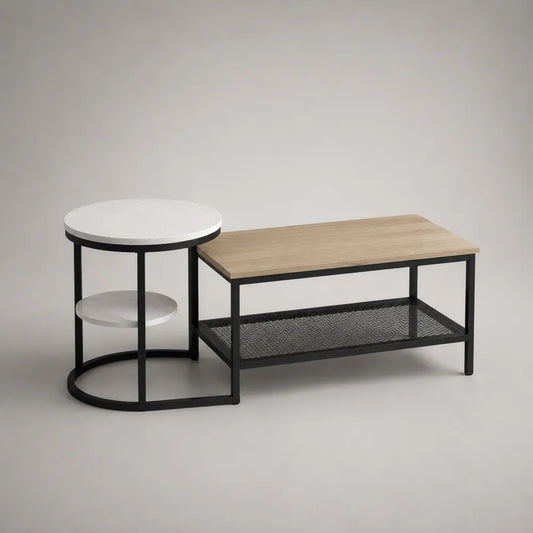 Set 2 tavolini da caffè rotondo e rettangolare in MDF effetto rovere e struttura in acciaio nero 100 x 50 x 45 cm e 50 x 50 x 50 cm