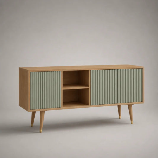 Mobile TV rettangolare in legno MDF finitura naturale con ante a rilievo verticale verde e vano centrale aperto 160 cm 40 cm 50 cm