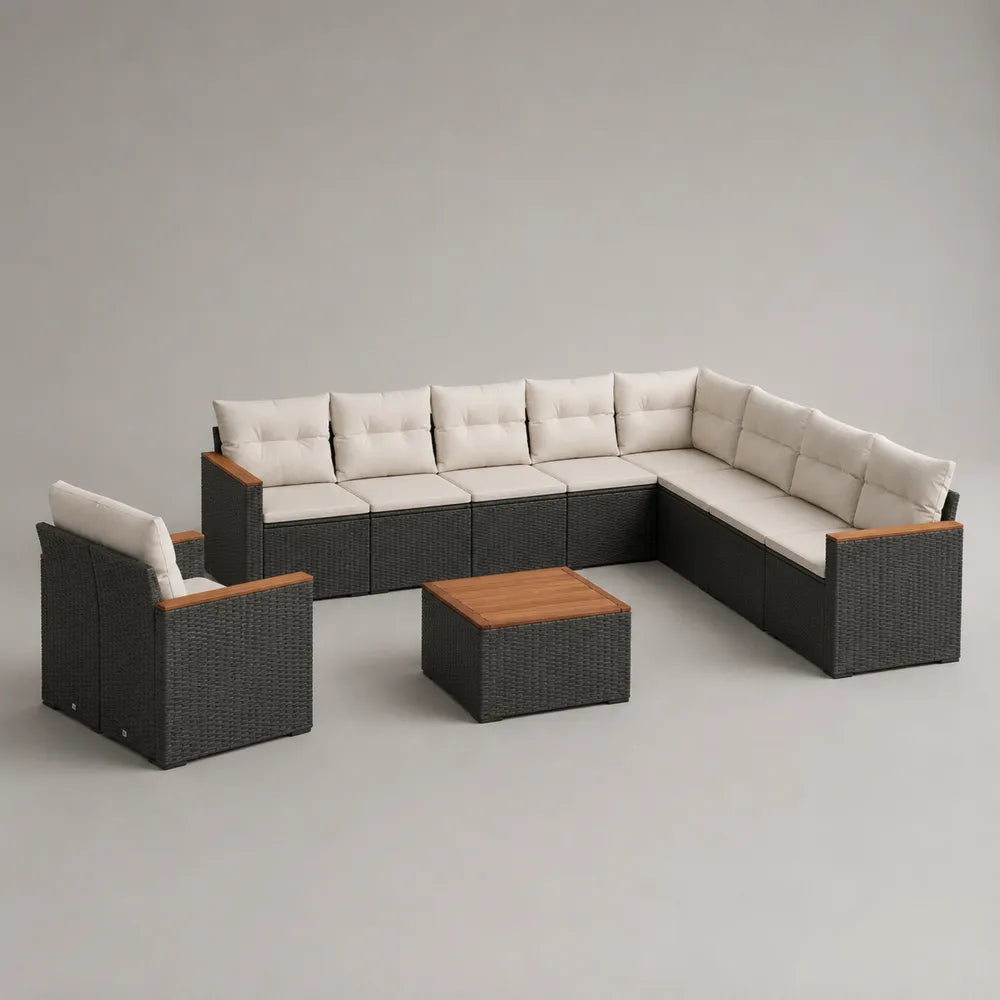Set divano da giardino angolare modulare in rattan sintetico PE antracite con poltrona separata cuscini beige e tavolino quadrato in legno 280 cm x 220 cm x 70 cm