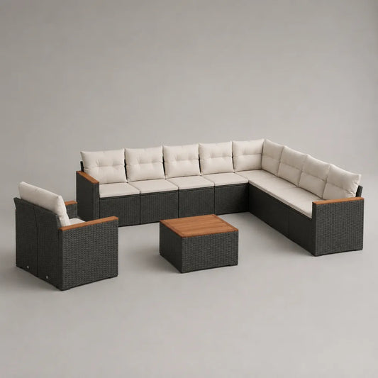 Set divano da giardino angolare modulare in rattan sintetico PE antracite con poltrona separata cuscini beige e tavolino quadrato in legno 280 cm x 220 cm x 70 cm