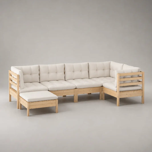 Set divano da giardino angolare 6 pezzi in legno massello di pino naturale con cuscini crema forma L 260 x 200 x 75 cm