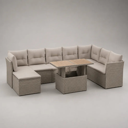 Divano da giardino angolare modulare in rattan sintetico PE beige con cuscini chiari tavolino cubico con piano in listelli effetto legno 230 cm x 180 cm x 65 cm